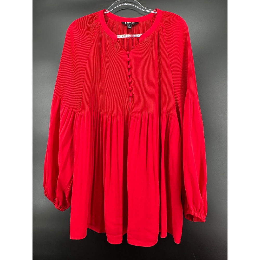 Lauren Ralph Lauren Red Pleated Georgette Blouse 3X Long Sleeve Button Front Top